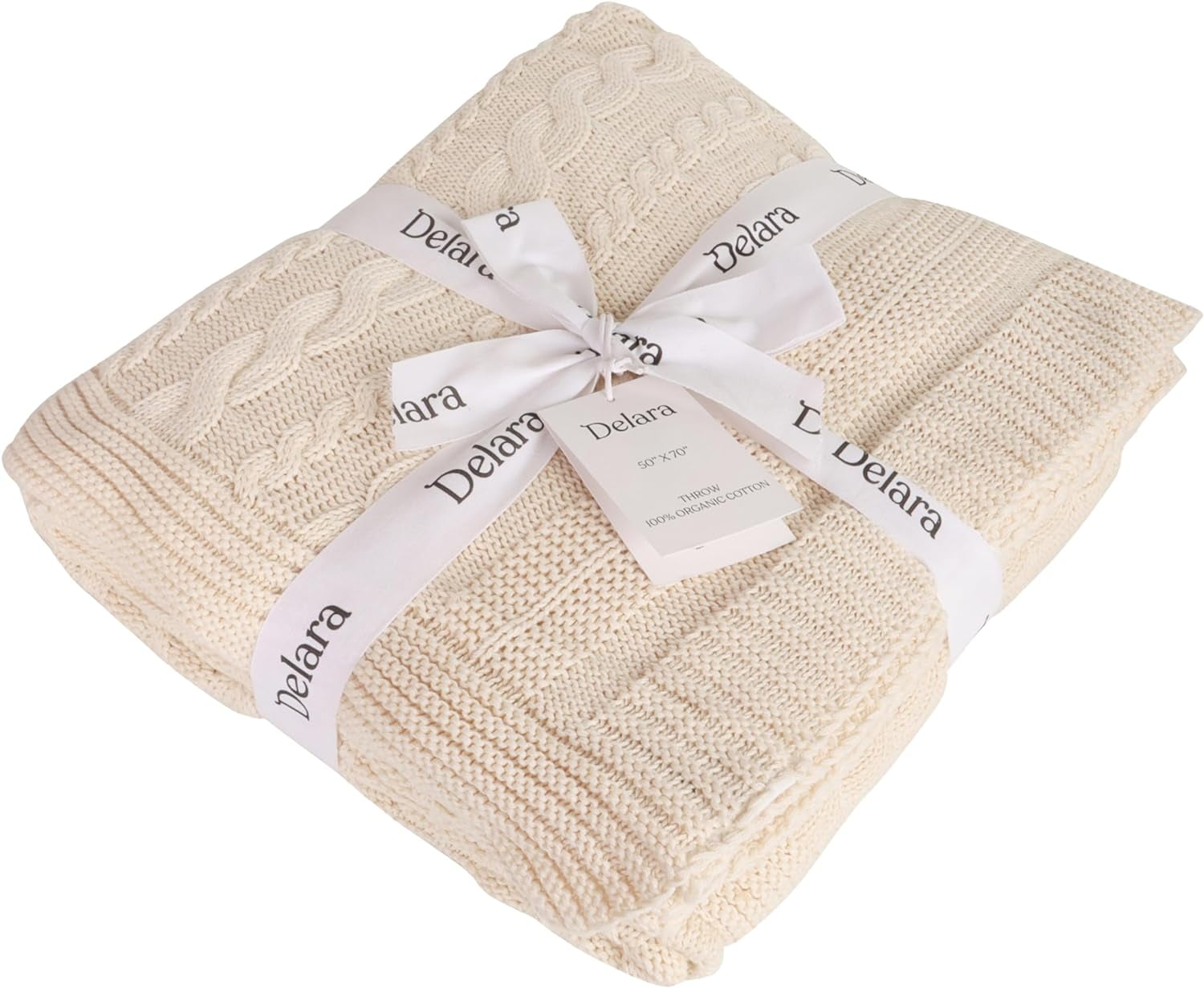 Delara Organic Cotton Throw Blanket 50x70 inches, GOTS Certified Cable Knitted Throws Blanket for Sofa Couch Bed, Baby Nursery, Lightweight Cozy Warm Decorative Blanket All Season Use