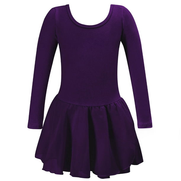 Vestido de manga larga con cuello redondo para niña, color liso, cuello redondo, mangas largas, falda elástica con volantes