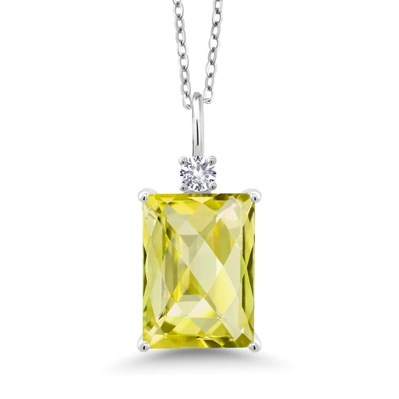 Gem Stone King 6.98 Ct Octagon Checkerboard Yellow Lemon Quartz White Created Sapphire 925 Silver Pendant