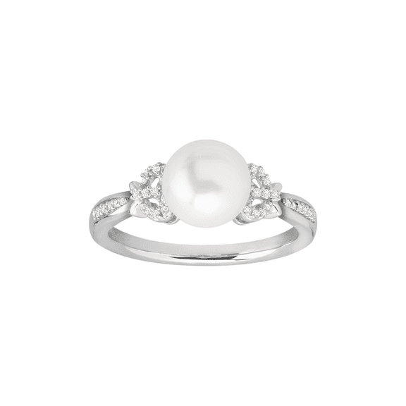 Women's Welry 8-9 mm Freshwater Pearl Bow Ring with Diamonds in Sterling Silver, Size 7