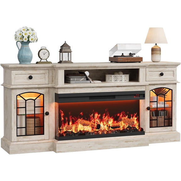 Vecenuy 70" Farmhouse Fireplace TV Stand for TVs up to 80", Entertainment Center with 36" 3-Side Glass Electric Fireplace, Open Shelf & Cabinet, TV Console for Living Room, Antique Brush Grey