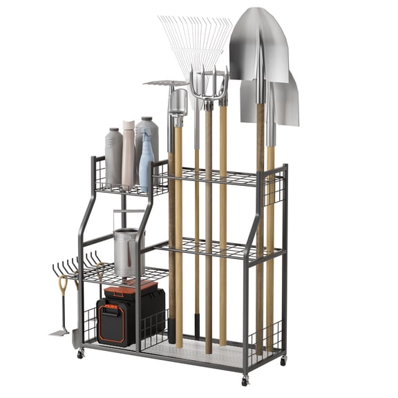 Lanzxjv Garden Tool Organizer with Lockable Wheels, Heavy-Duty Yard Tools Rack for Garage, Shed, Garden, Utility Stand Rack for Rakes Brooms Shovels, Long-Handled Tools