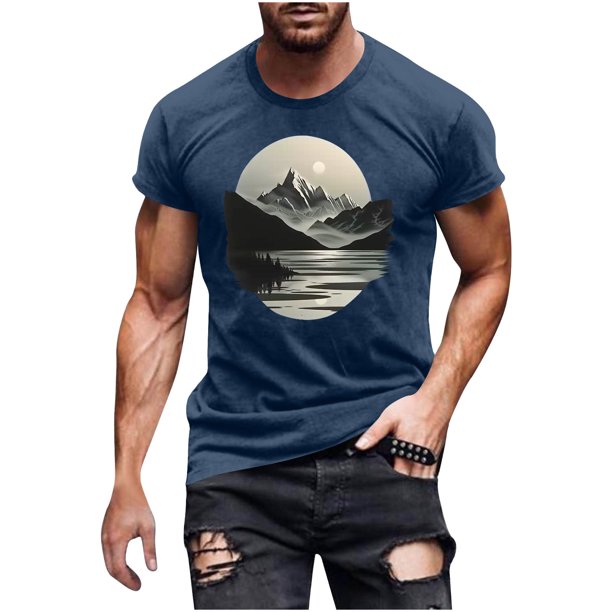 Hombres Pantalones Cortos de Manga Corta Impresa Casual Cuello Redondo Superior, Camisa de Moda para el Verano Y la Primavera