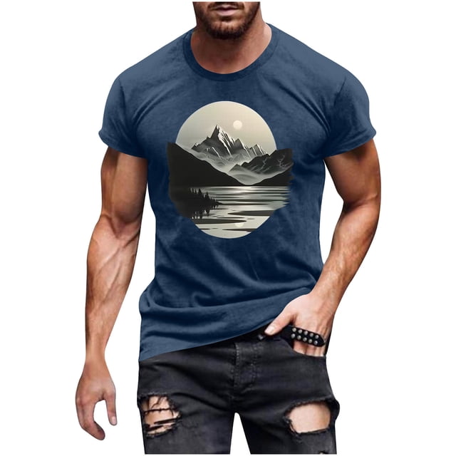 Hombres Pantalones Cortos de Manga Corta Impresa Casual Cuello Redondo Superior, Camisa de Moda para el Verano Y la Primavera