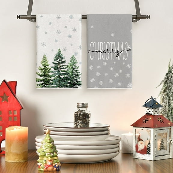 Sm:)e Snowflakes Christmas  Kitchen Towels Dish Towels, 18x26 Inch Winter Pine Trees Decoration Hand Towels Set of 2