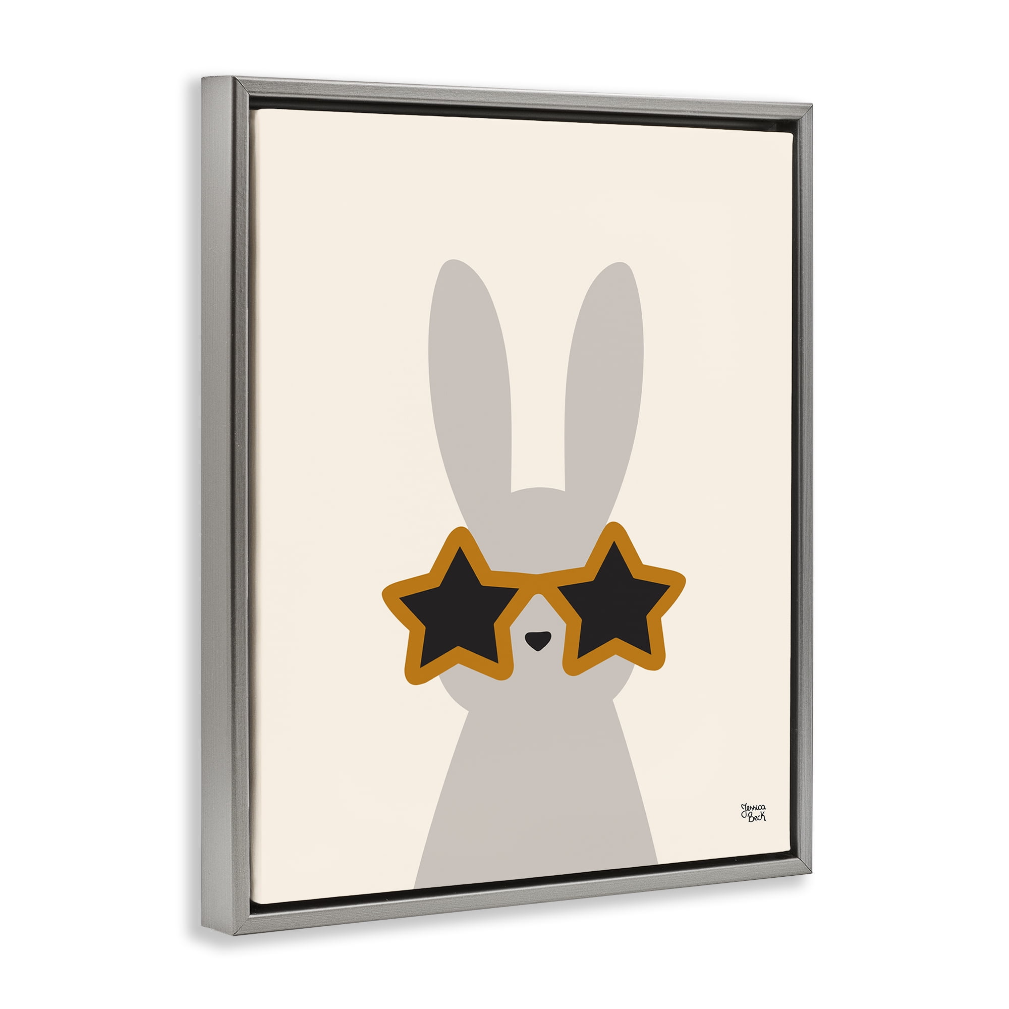 Stupell Industries Bunny & Star Sunglasses Animals Painting Gray Floater Framed Canvas Art Print Wall Art, 17 x 21
