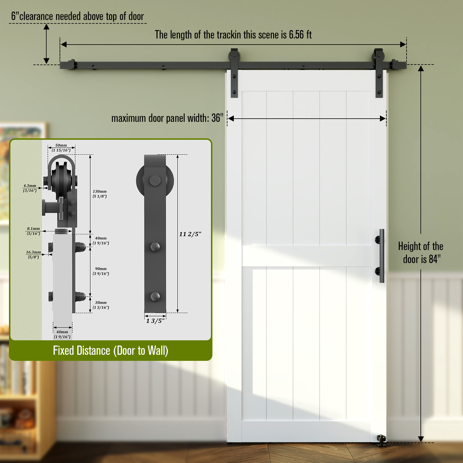 Miniyam White H-Shaped MDF Sliding Barn Door with Hardware and Handle, 36 in x 84 in