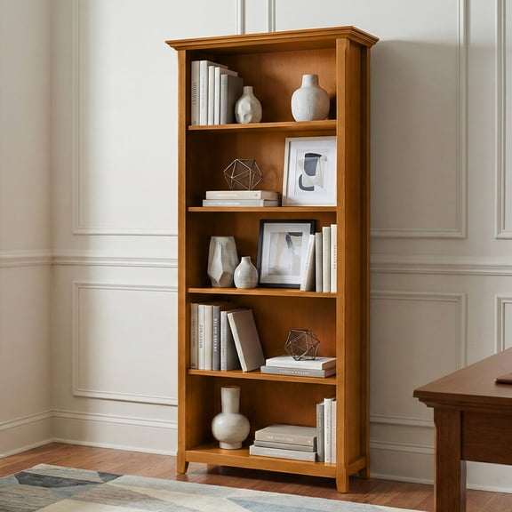Simpli Home Amherst 30 inch Wide Solid Wood Transitional 5 Shelf Bookcase in Light Golden Brown