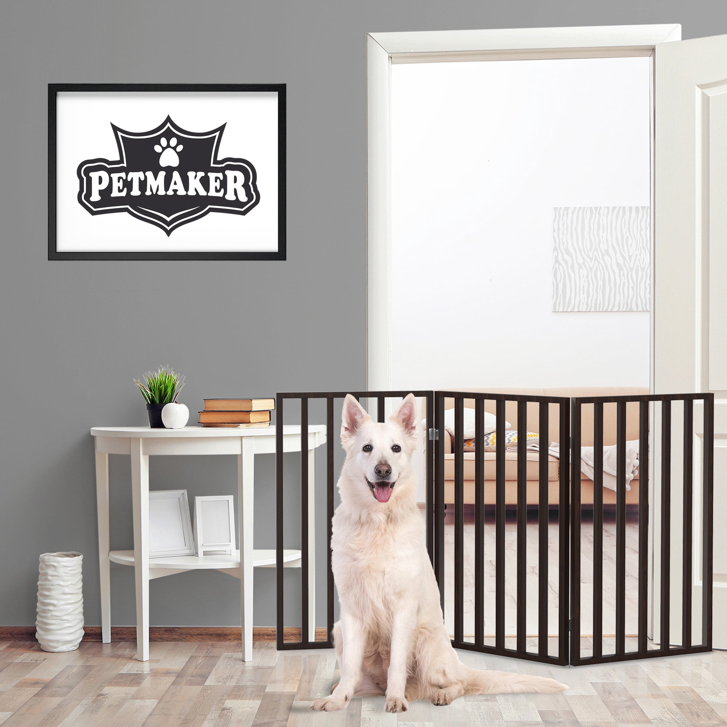 Wooden Pet Gate- Tall Freestanding 3-Panel Indoor Barrier Fence, Lightweight and Foldable for Dogs, Puppies, Pets- 54 x32â by PETMAKER (Dark Brown)