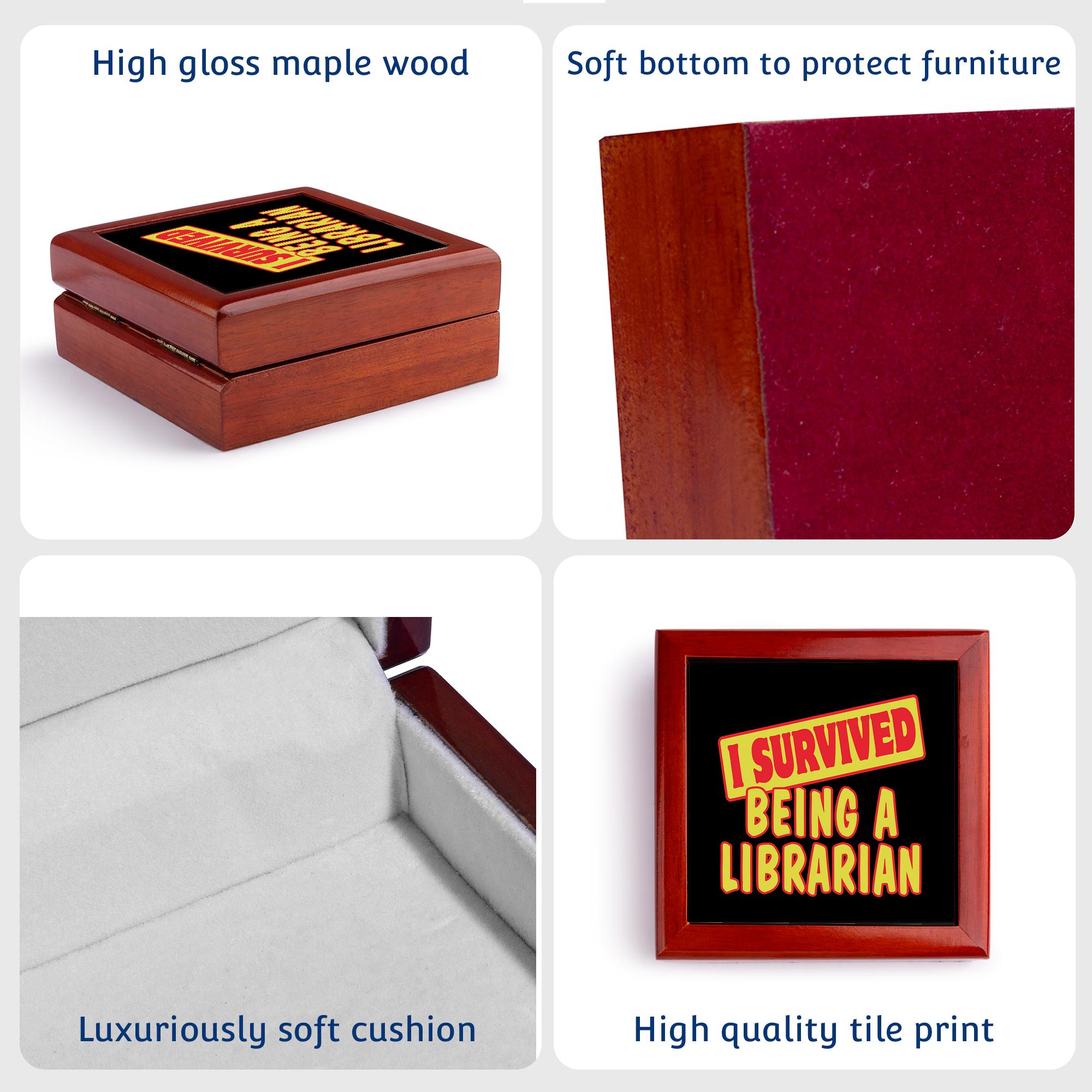 3dRose, I Survived Being A Librarian Survial Pride And Humor Design, Jewelry Box 5.5x5.5 inch with 4 inch tile