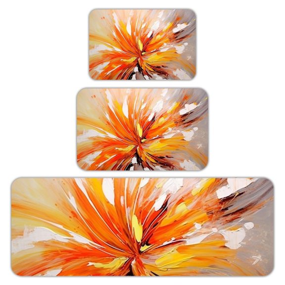 RKSupls Kitchen Rug Set 3 Piece Anti-Slip Flannel Floor Mats, Orange Abstract Bloom Washable Absorbent Runner Mats for Kitchen Bathroom Home Decor