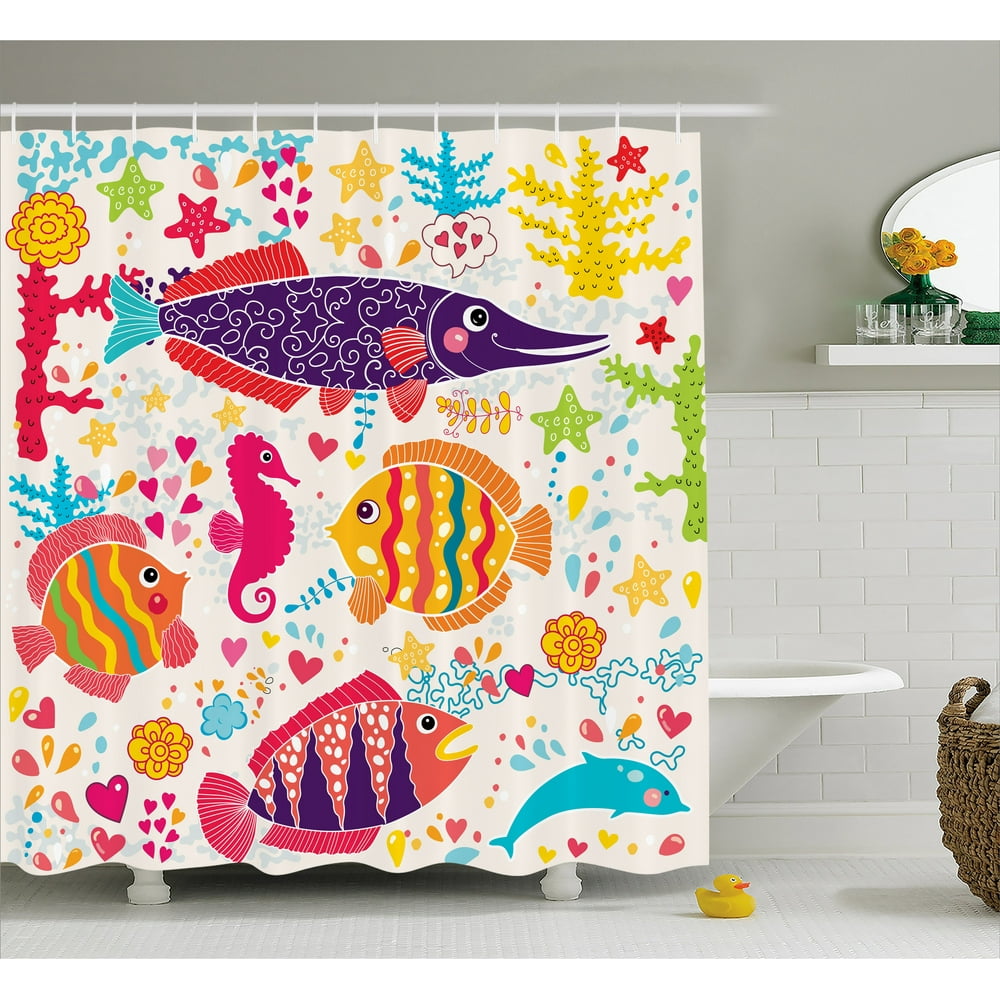 Kids Shower Curtain Set, Cartoon Art with Fish Seahorse Starfish ...