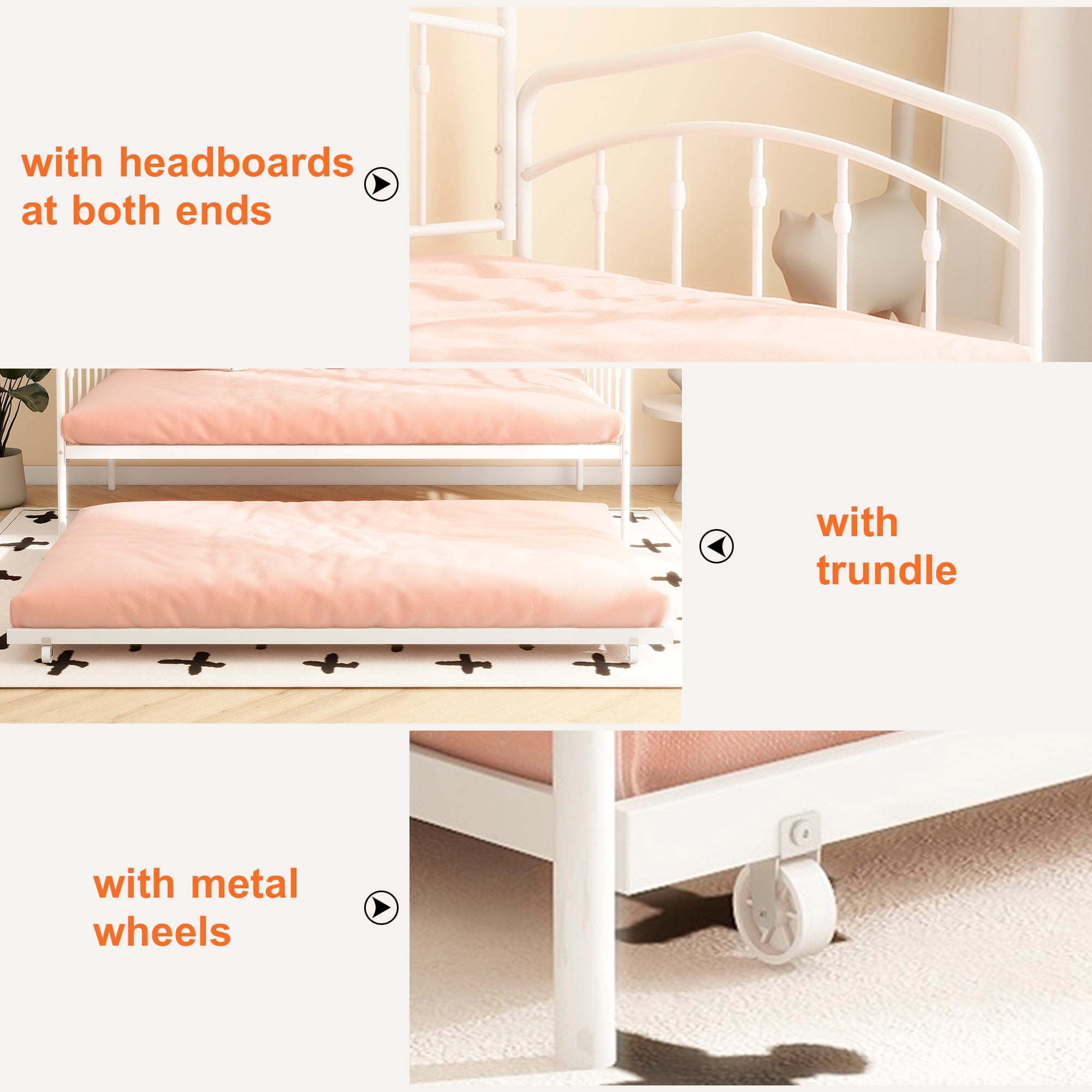 Miniyam Metal Twin Daybed with Pull Out Twin Trundle,Trundle Bed for Living Room Guest Room,White(Mattress not included)