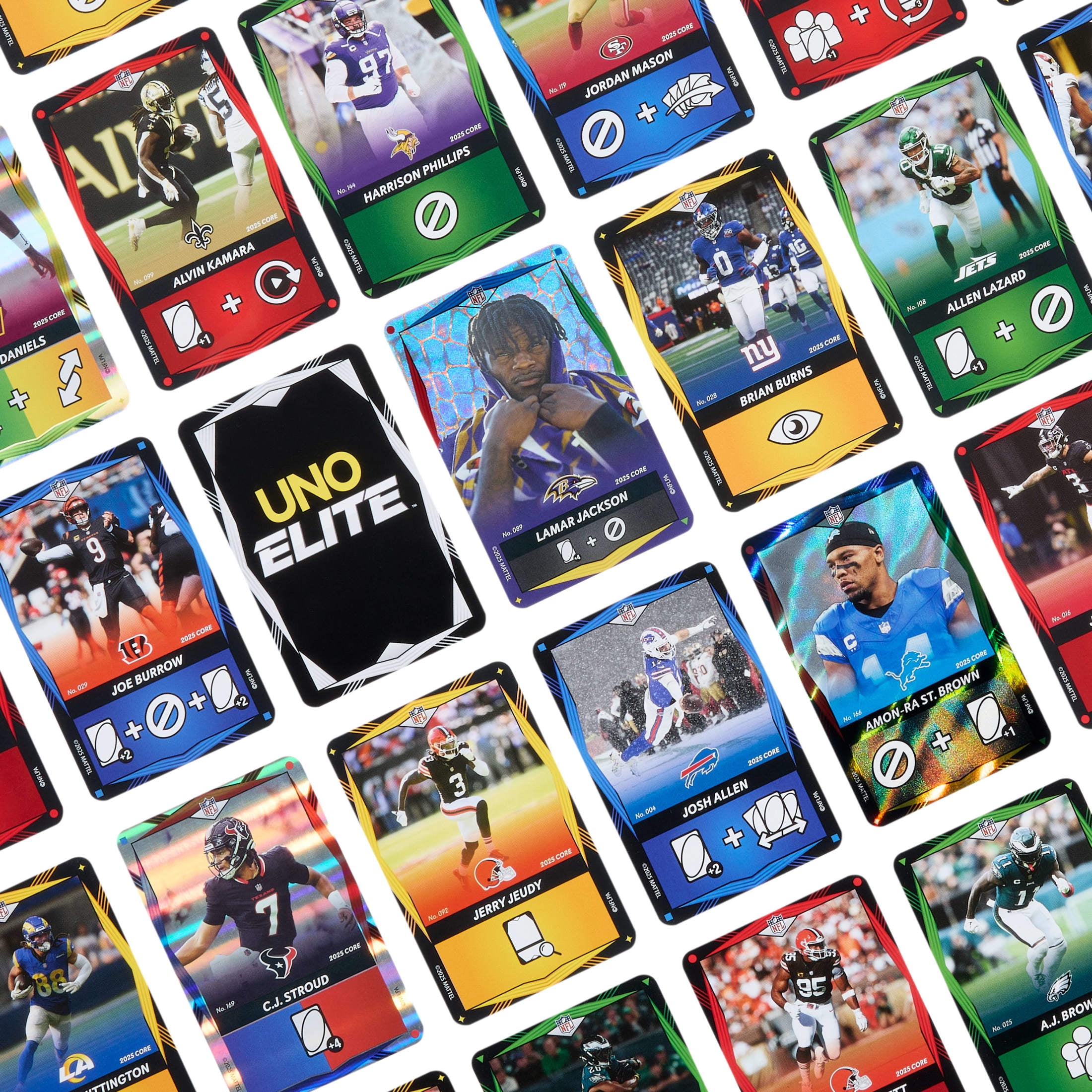 UNO Elite NFL Booster Set with 140 Elite Action Collector Cards, 2025 Core Edition (Players May Vary)