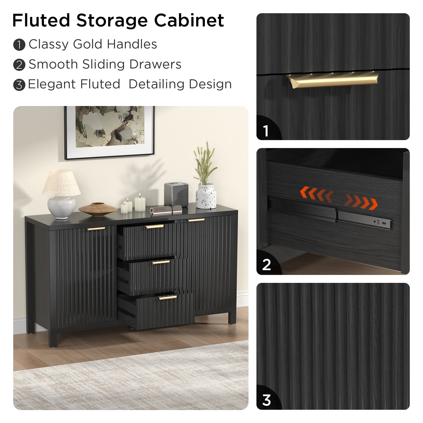 Hommoo Modern Sideboard Storage Cabinet, Fluted Credenza Buffet Cabinet with 2 Doors and 3 Drawers, for Kitchen and Living Room, Black