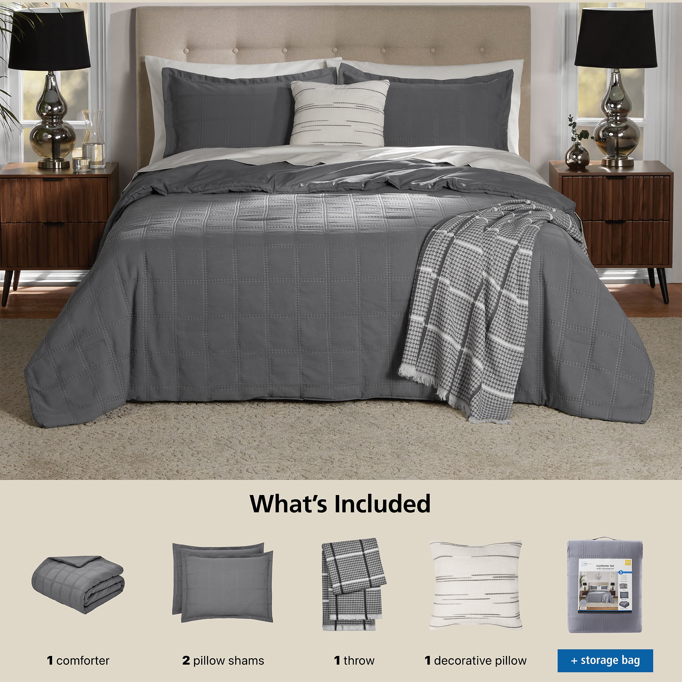 Mainstays Full/Queen Comforter Set, All-Season, 5-Piece, Grey Waffle Check