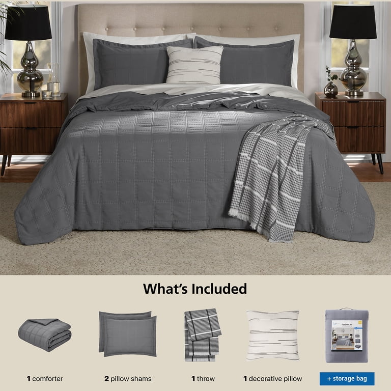 Free Shipping! Mainstays King Grey Waffle Check Comforter Set with
