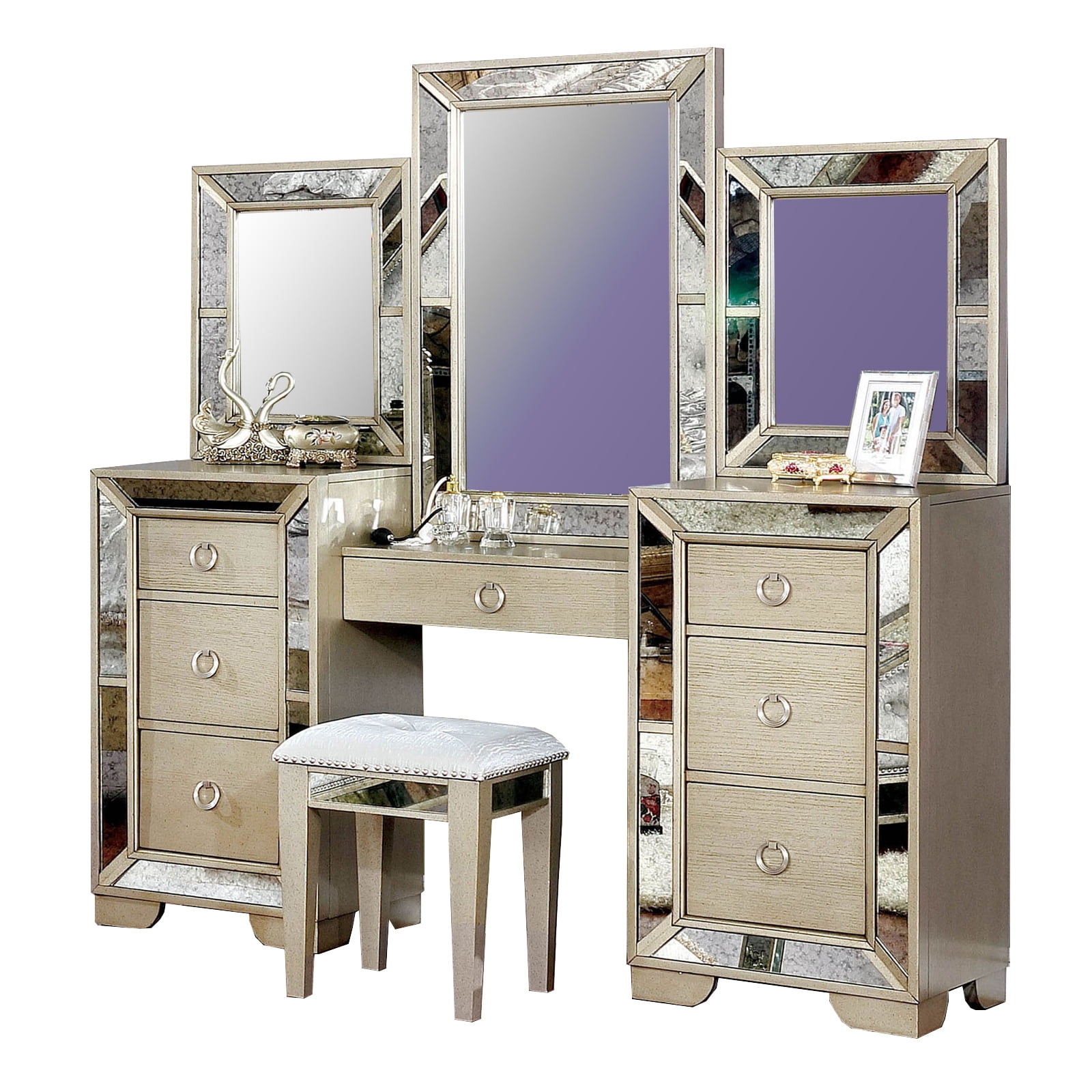Wooden Vanity Set with Antique Mirror Details and Storage Drawers 
