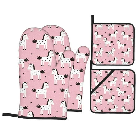 

Oven Mitts and Pot Holders Sets 4 pcs Cartoon Cute Horse Pink Non-Slip Oven Gloves Potholders Soft Quilted Lining Heat Resistant Gloves Hot Pads for Kitchen Cooking Baking