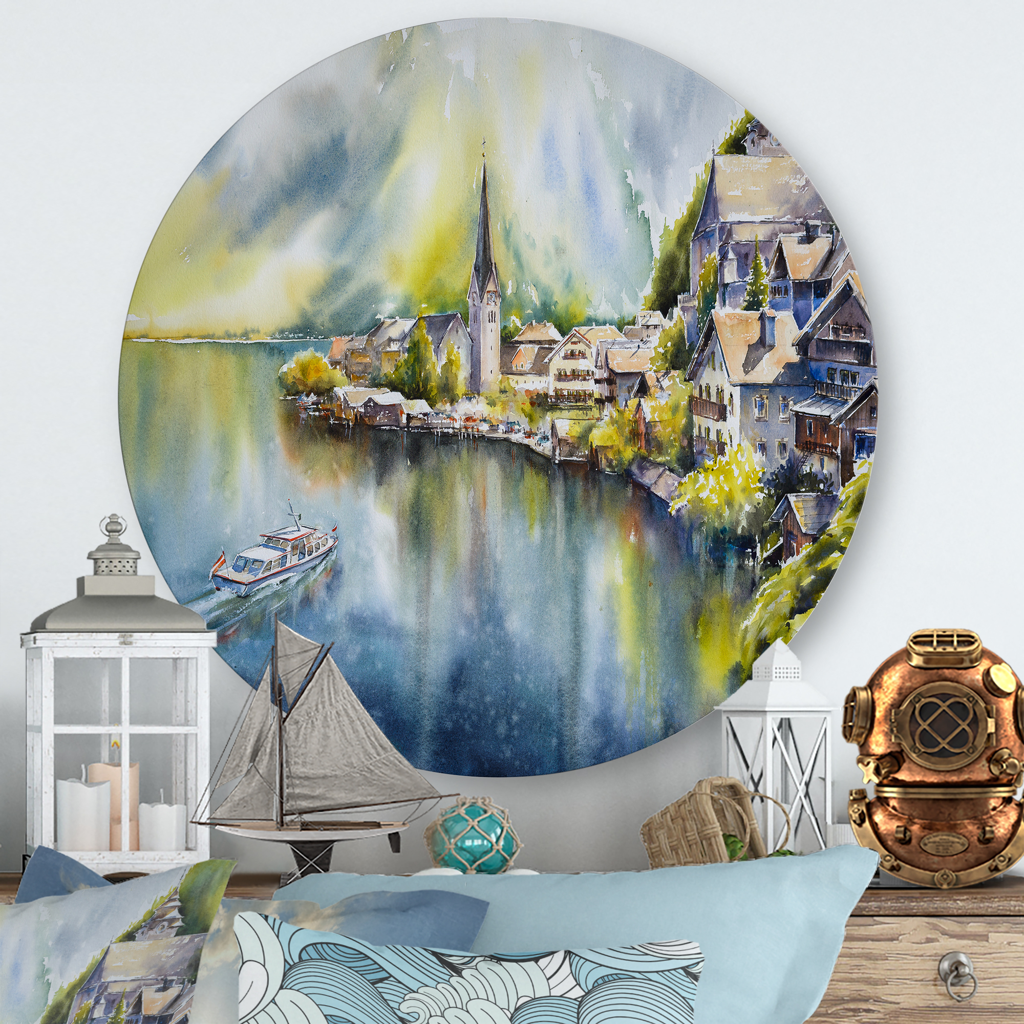 The River In Austria Through Mountain Village 11 in x 11 in Painting Art Prints, by Designart
