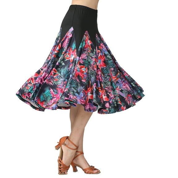 Whitewed Floral Print Godet Flounced Swing Midi Ballroom Latin Dance Practice Performance Circle Skirts