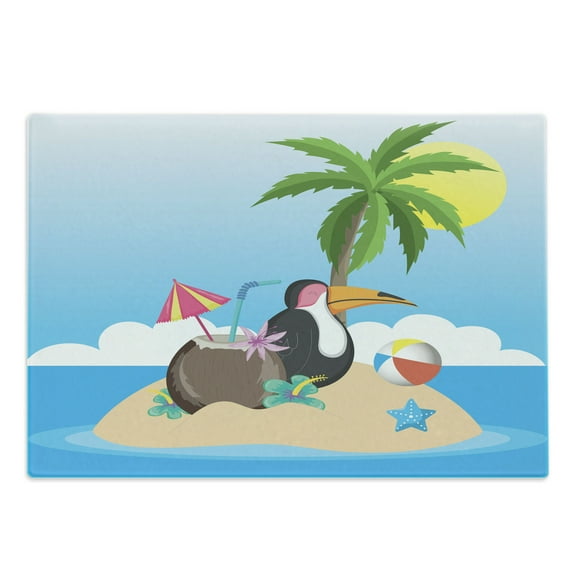 Graphic Beach Cutting Board, Tropical Funny Cartoon of Toucan on Sand Island with Exotic Drink and Palm, Decorative Tempered Glass Cutting and Serving Board, in 3 Sizes, by Ambesonne