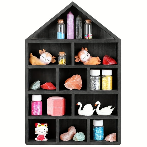 DIYMAG Wall Hanging Display Case for Figures, House-Shape Wall Display Case,  Wooden Display Case for Displaying Figures, Curio, Mini Sculpture  (Black)