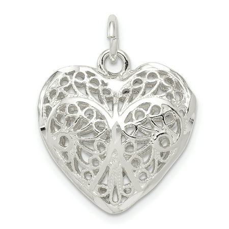 - Sterling Silver Puffy Filigree Heart 3D Pendant Charm