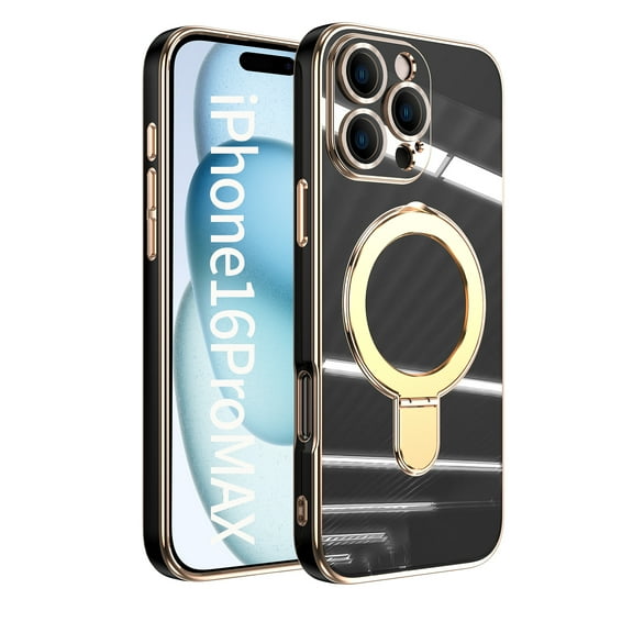 Dteck for iPhone 16 Pro Case with Magnetic Ring Holder Kickstand Compatible with MagSafe Case Built-in Camera Lens Protector Electroplated PC TPU Slim Back Cover for iPhone 16 Pro,Black