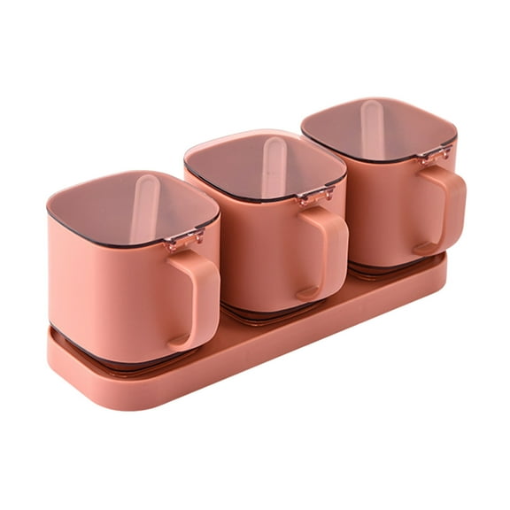 Oggfader 3-Compartment Pink Spice Container with Stand-Up Lid, Leak-Proof Kitchen Seasoning Jar, Plastic Condiment Box with Spoon