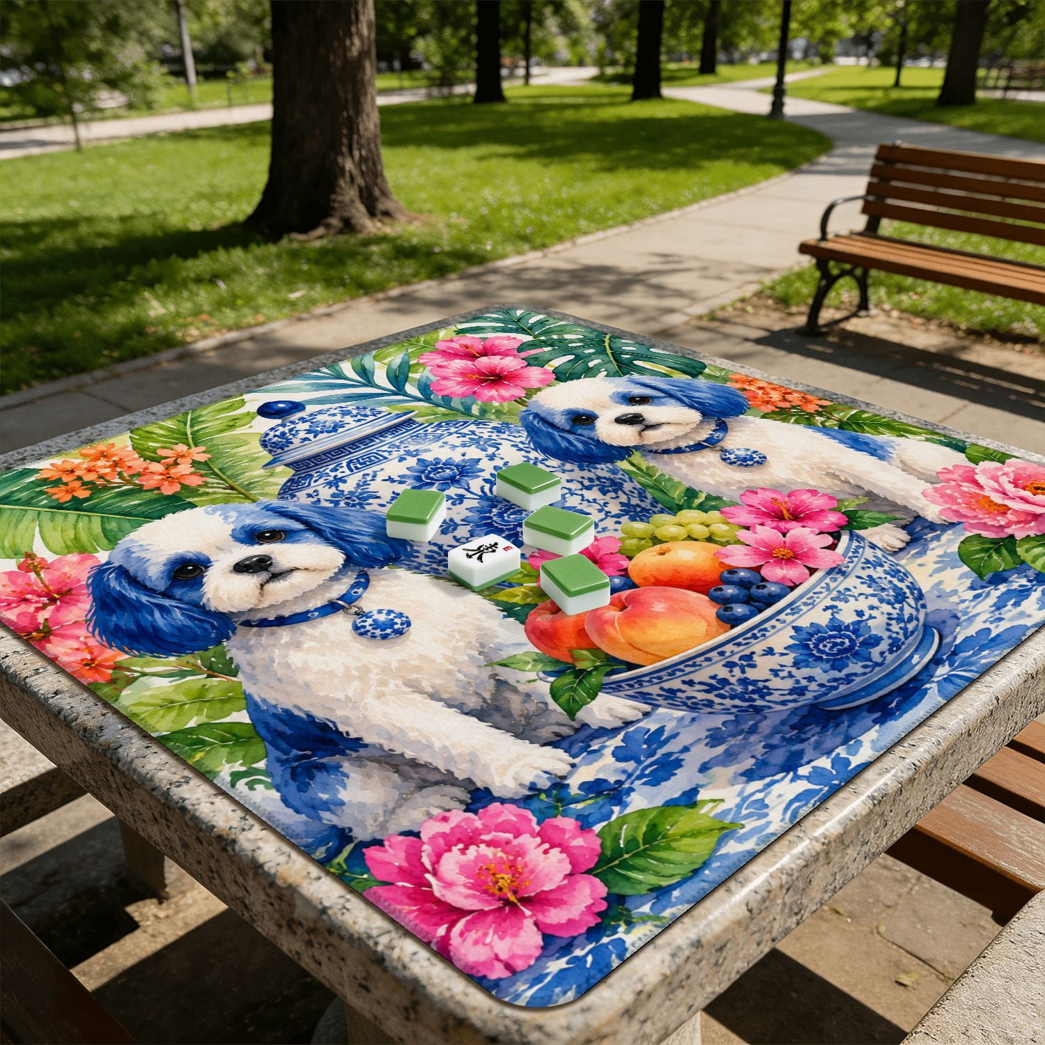 Mahjong Mat 31.5" x 31.5" Blue White Ceramic Dog Statues Floral Peach Details Vibrant Garden Non-Slip Noise Reduction American Mahjong Tiles Table Cover for Dominoes Poker Card Board Games Gift