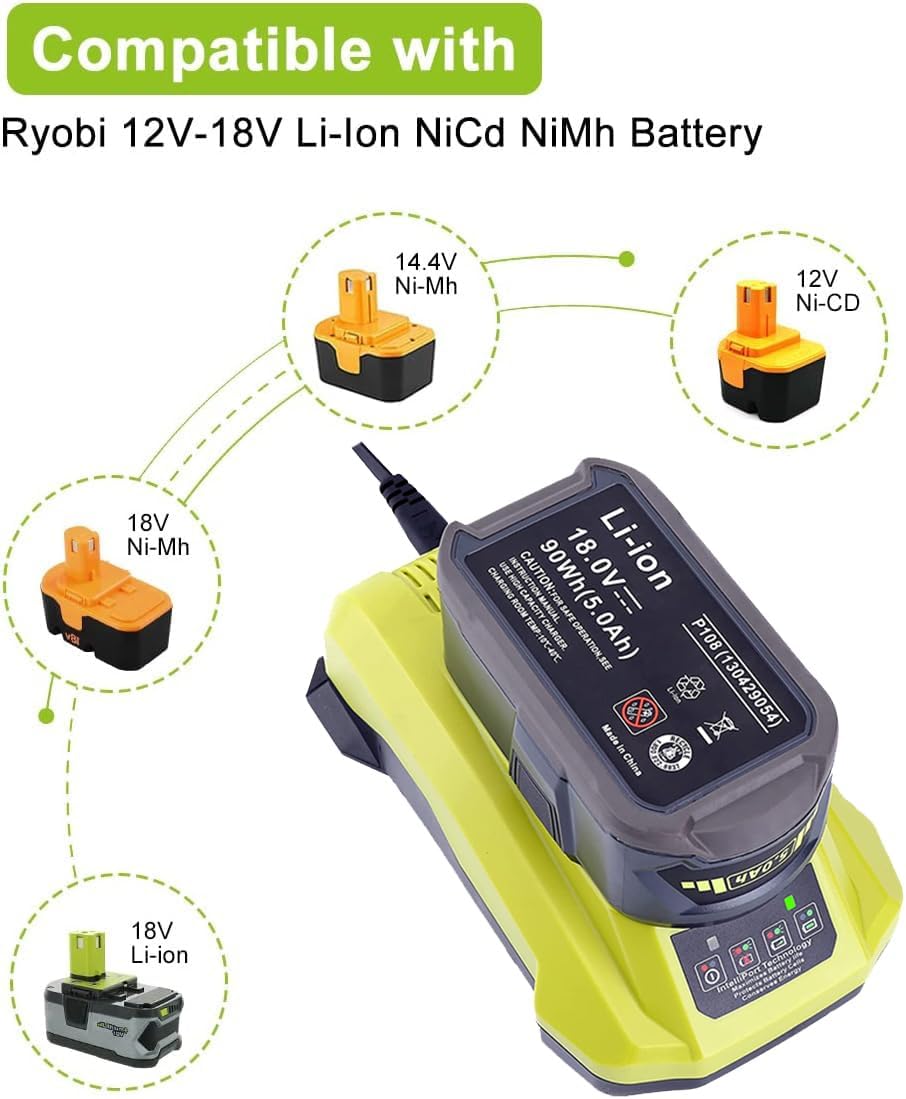 P117 Dual Chemistry Fast Charger Compatible with Ryobi 12V-18V Lithium NiCad NiMh Battery 18-Volt P102 P108 P189 P197 P103 P105 P107 P190 P191 PBP002 PBP005
