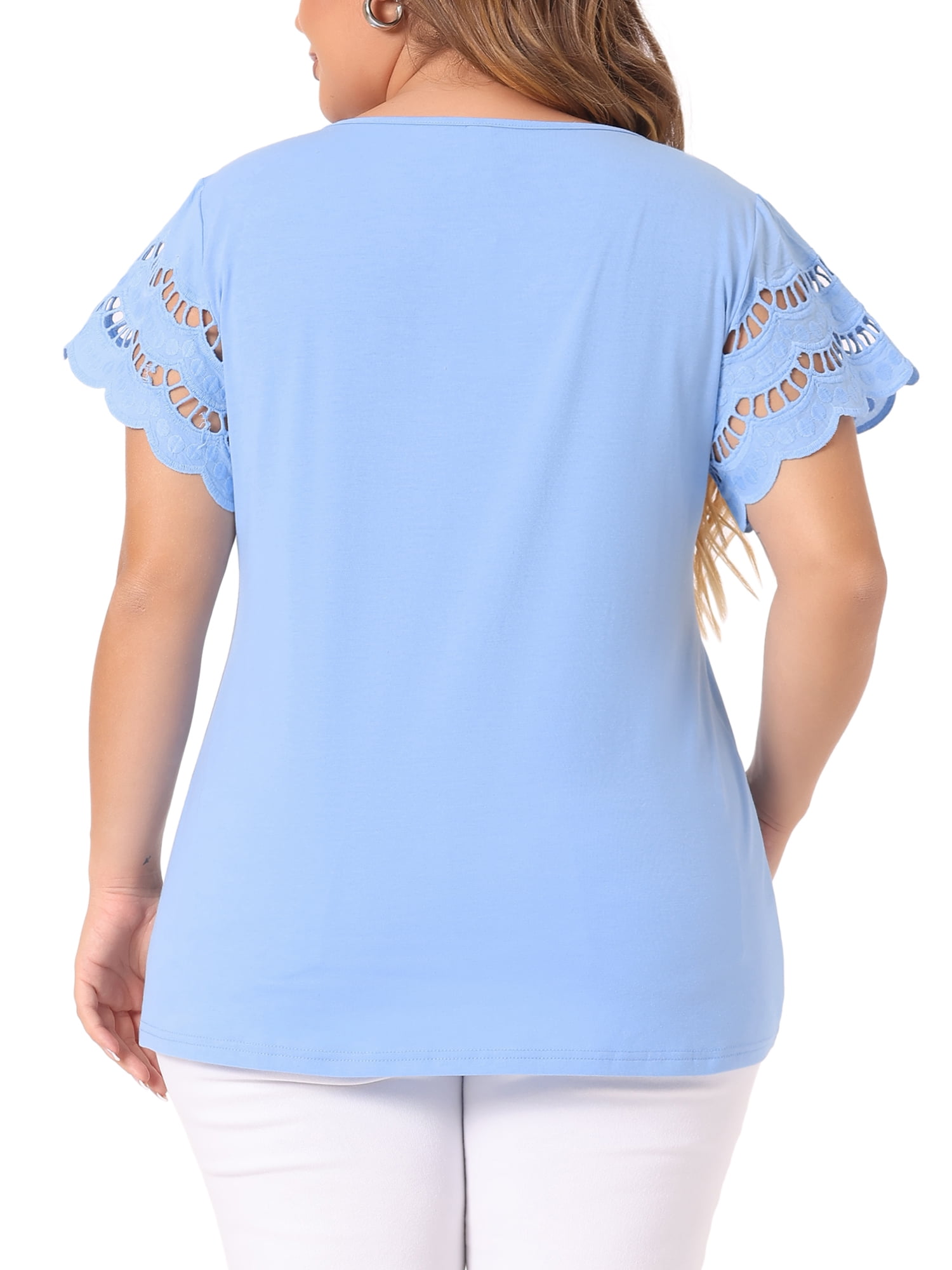 DARING DIVA Women's Plus Size Round Neck Lace Panel Blouses 2X Blue