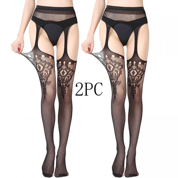 TELOLY 2 Pairs Fishnet Stockings for Women - Black Fish Net Thigh High Socks Silicone Lace Top Sheer Over Knee Tights