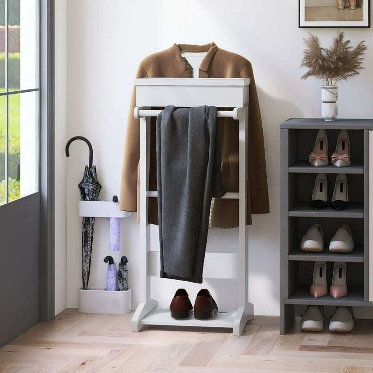DeeHome White Portable Garment Rack Clothes Valet Stand with Storage Organizer