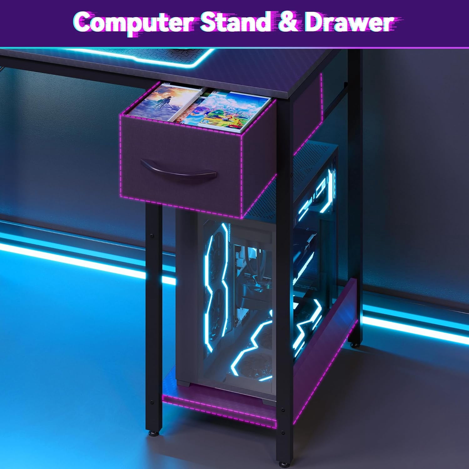 53-Inch Reversible L-Shaped Gaming Desk with LED Lights, Carbon Fiber Surface, Pegboard, Drawer, PC Tower Stand, and USB Charging Port