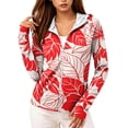 thumbnail image 3 of UPF 50+ Sun Protection Hoodie for Women - Tropical Floral Print Long Sleeve Zip Up Jacket with Thumbholes & Pockets, Lightweight Active Rash Guard Red L, 3 of 6