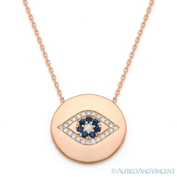 Evil Eye 17mm Circle Charm CZ Crystal Pendant & Chain Necklace in .925 Sterling Silver