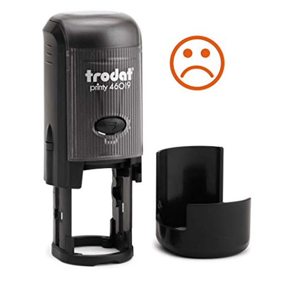 Round Teacher Stamp, Primary School, 3/4" Self-Inking Rubber Stamp - SAD FACE2 - Orange Ink