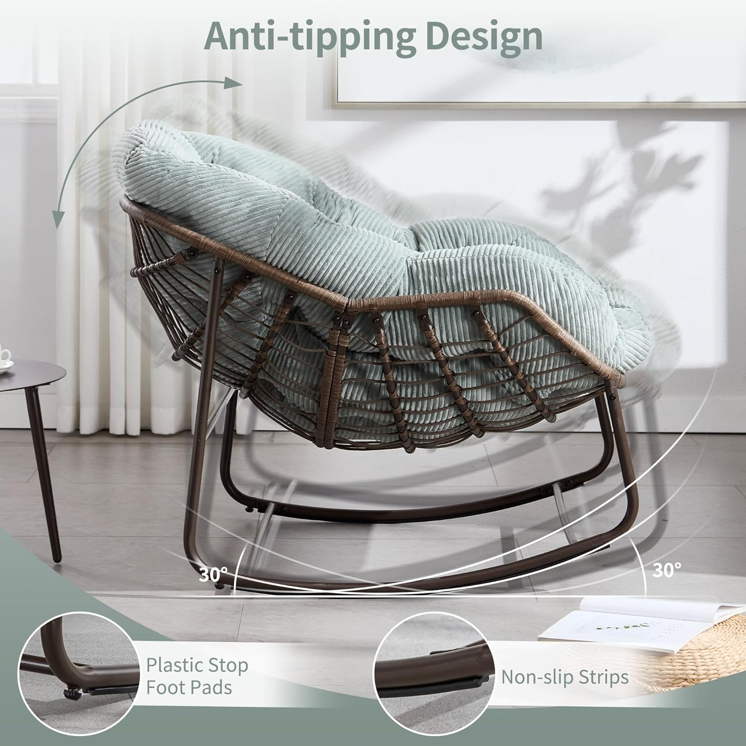 MOONMISS Outdoor Patio Rattan Oversized Rocking Chairs Set of 2 with Corduroy Padded Cushion-Mint Green