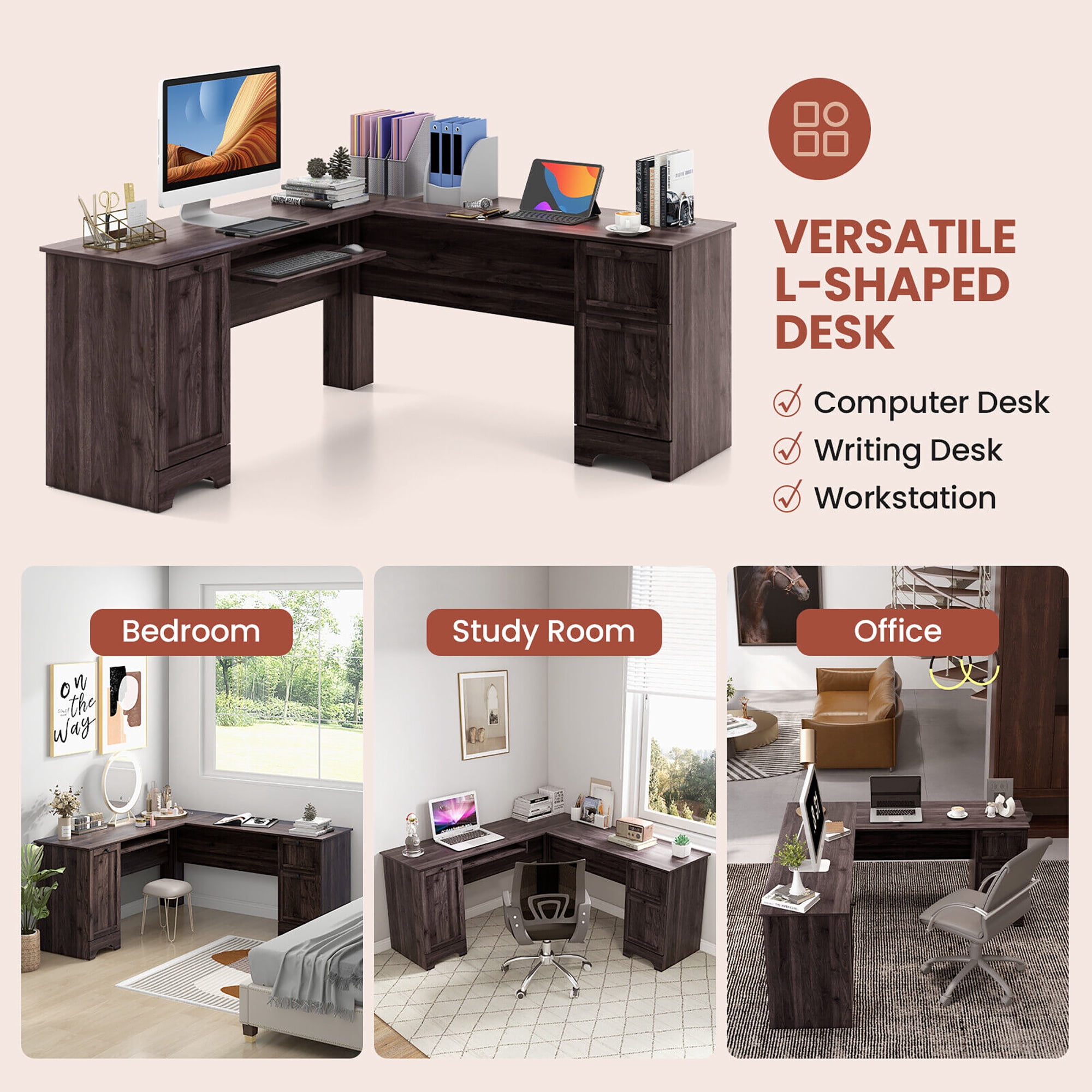Gymax 66.5'' L Shaped Home Office Desk Corner Computer Desk Keyboard Tray Dark Brown