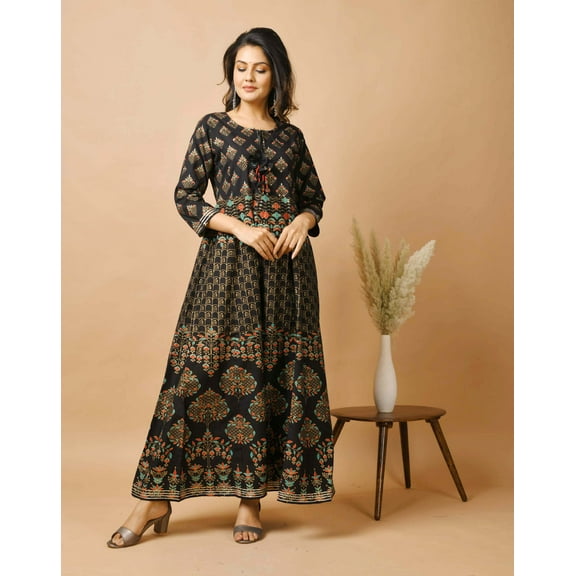 Black Rayon Gold Printed Dress