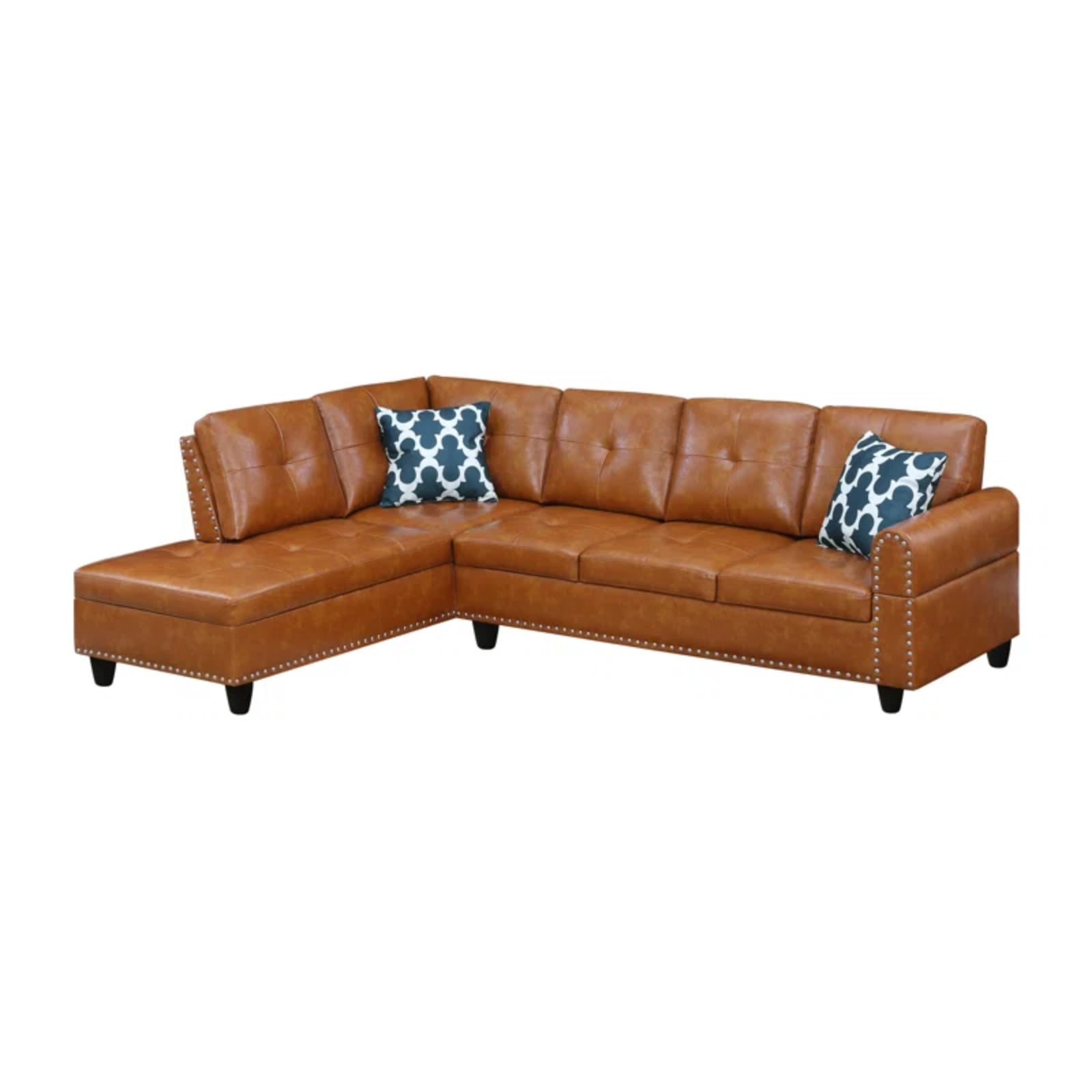 Hommoo L-Shaped Upholstered Sectional Sofa Couch with Storage & Cup Holders, Faux Leather Living Room Sofa Set, No Ottoman, Ginger