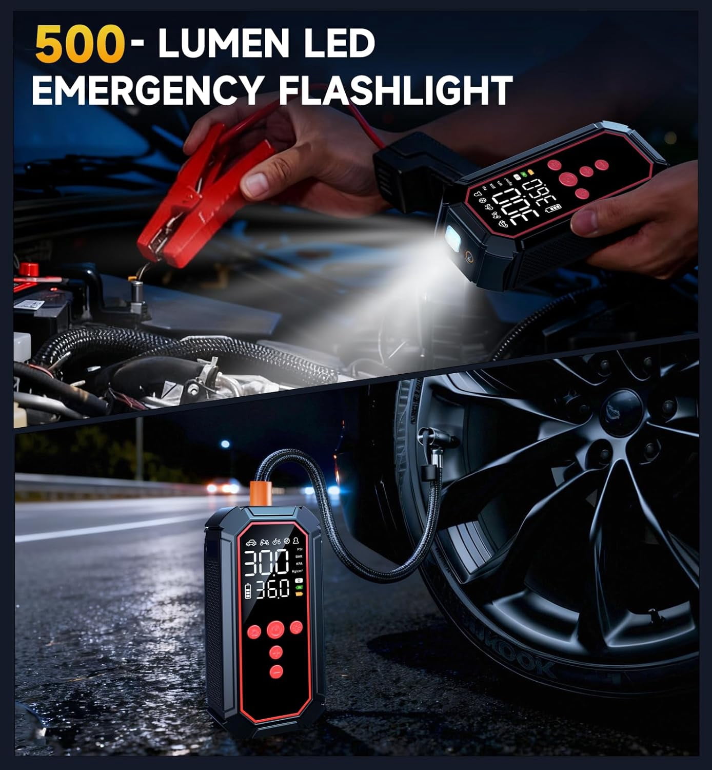 Jump Starter with Air Compressor 4000A Peak, Car Battery Jump Starter Portable (All Gas/10L Diesel),160PSI 12V Automobile Jump Box Pack Chargers with Jumper Cables 4-Mode LED Lights