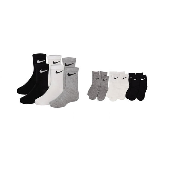 Nike Kids 6-Pair Lightweight  Crew Socks Shoes Black/White/Grey 10C-3Y