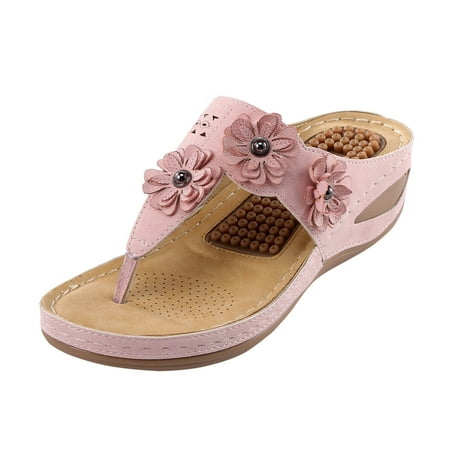

TOYFUNNY Womens Boho Round Toe Flower Cutout Thong Wedge Flip-Flops Massage Sole Sandals