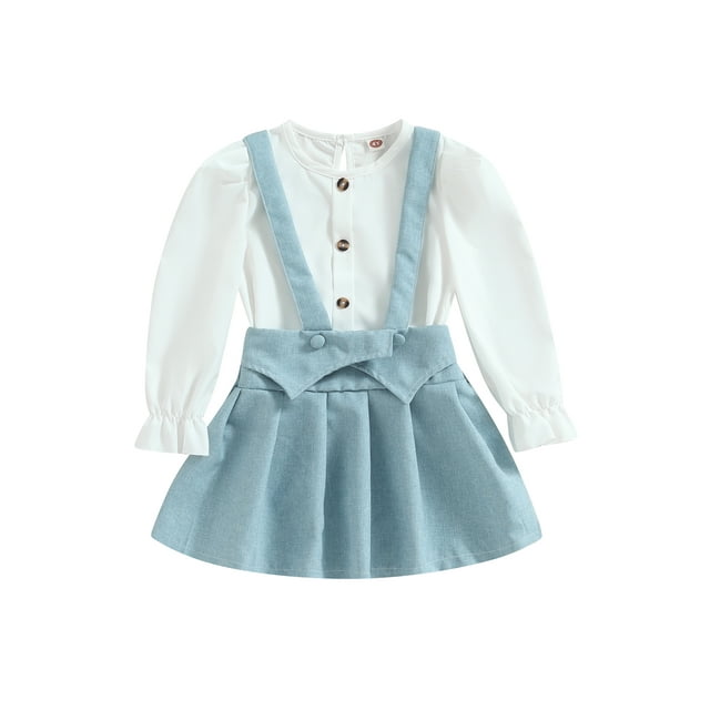 ZAXARRA Girls Autumn 2 Piece Outfits White Long Sleeve Button Tops and Solid Color Suspender Skirt Sets