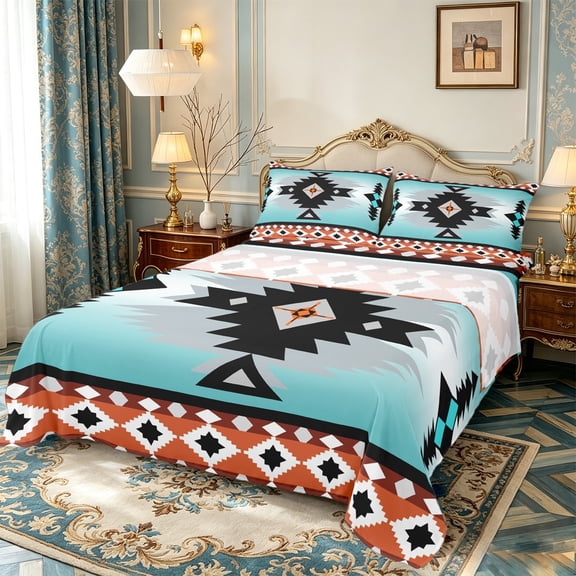 Manfei Vintage Aztec Twin Sheet Sets,Blue Geometric Pattern Twin Fitted Sheet,Boho Theme Flat Sheet,Super Cozy Room Decor,3-Piece
