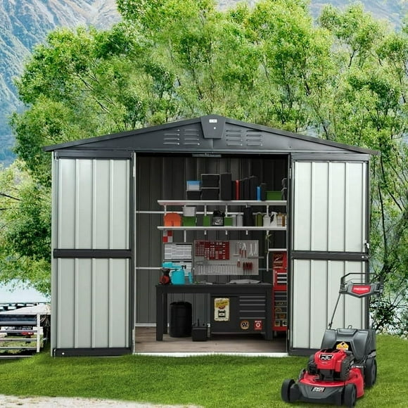 SHPAI Outdoor Storage Shed 8.2'x6.2', Metal Sheds Outdoor Storage with Lockable Doors & Air Vents for Patio Garden Backyard Lawn,Gray