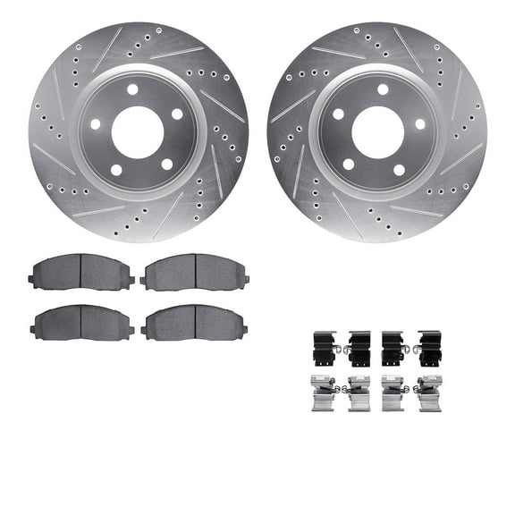 Dynamic Friction Company Front Brake Rotors-Drilled and Slotted-Silver with 5000 Euro Ceramic Brake Pads includes Hardware 7612-40003